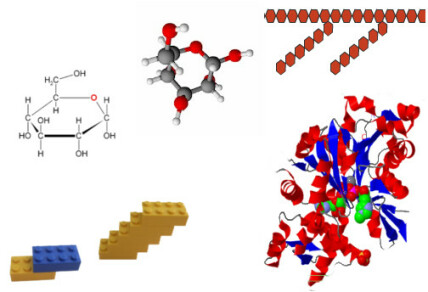 Bilde med legomodell, strukturformer, perlekjedemodell, kulepinnemodell og 3D-modell for protein